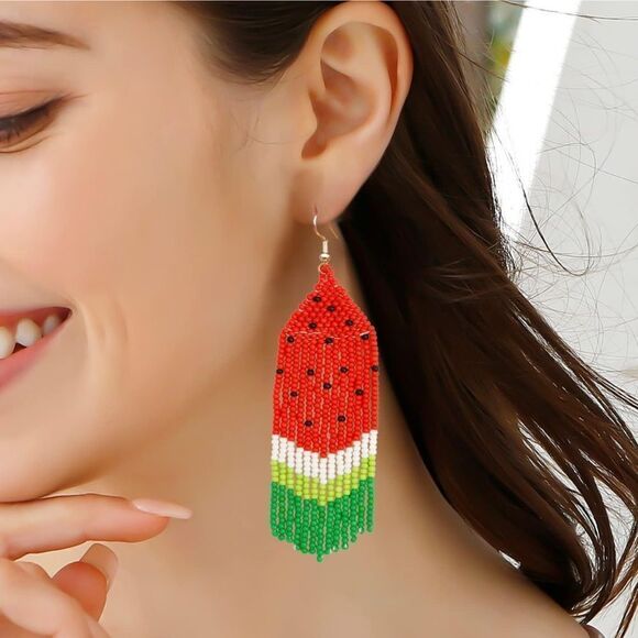 Watermelon Boho Seed Bead Tassel Dangling Statement French Wire Hook Earrings - Picture 7 of 8